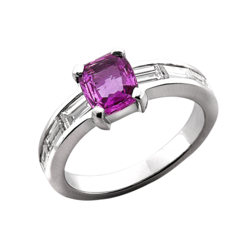 Convergence Bague or gris saphir rose et baguettes diamants De Gralie