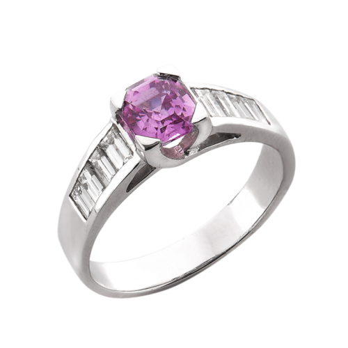 Divergence bague or saphir rose et baguettes diamants De Gralie