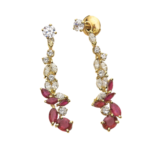 Efflorescence Boucles d'oreilles or diamants rubis De Gralie
