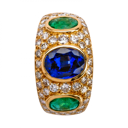 Faustina Bague or pavé diamants émeraudes et saphir clos De Gralie dessus