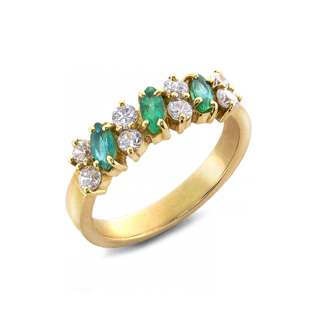 Hellébore demi alliance or émeraudes navette et diamants brillants serti griffes De Gralie