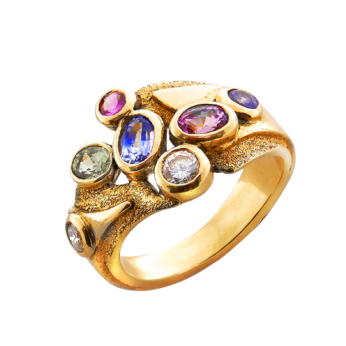 Hawaii bague or saphirs rose, vert et bleu, un diamant De Gralie