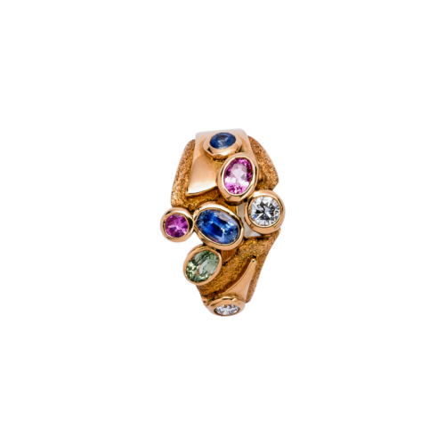 Hawaii bague or saphirs rose, vert et bleu, un diamant De Gralie dessus
