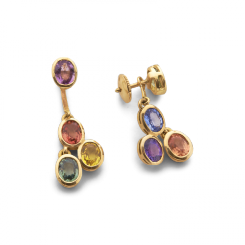 Kyrielle Boucles d'oreilles or saphirs multicolores vue de trois quart De Gralie