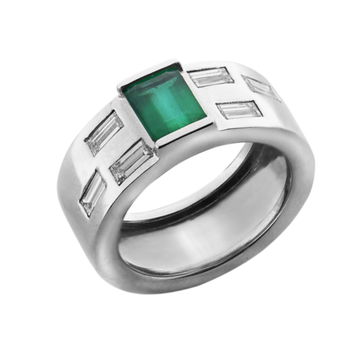 Moderniste Bague or émeraude et baguette diamants De Gralie