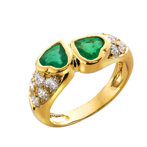 Tendresse bague or émeraudes coeur et pavage diamants De Gralie
