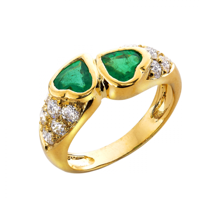 Tendresse bague or émeraudes coeur et pavage diamants De Gralie